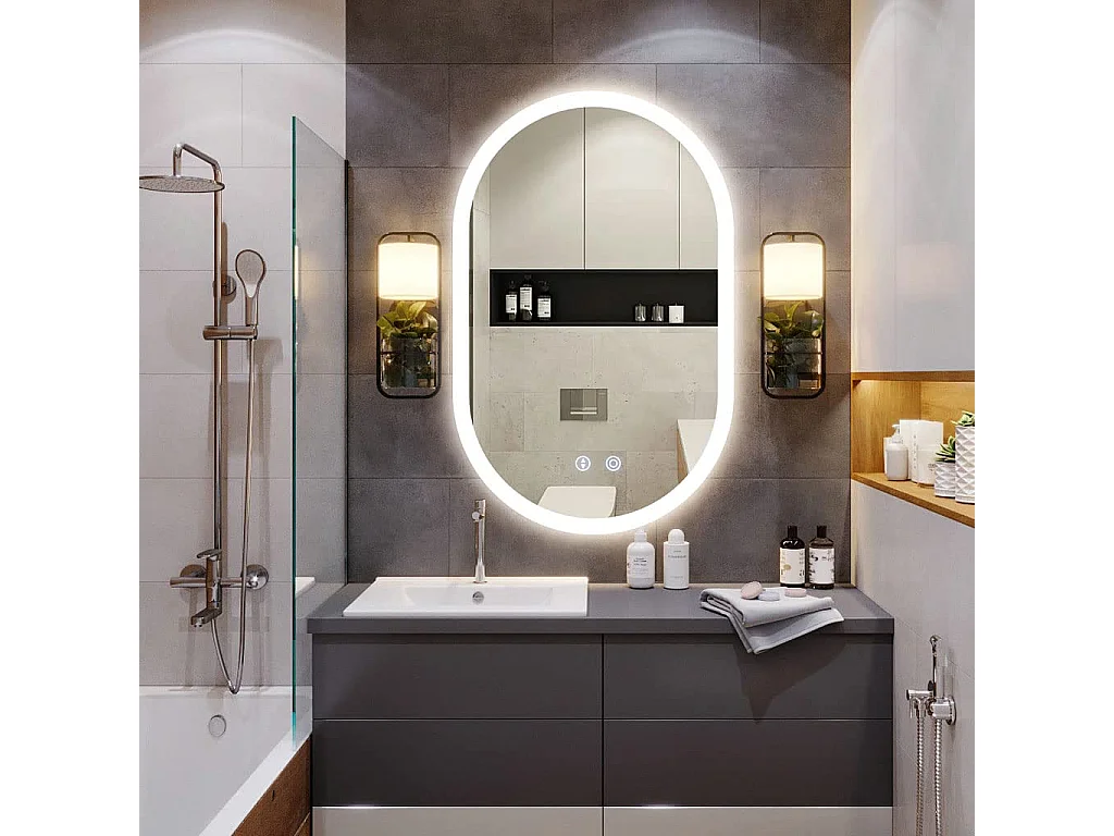 Badkamerspiegel met LED-verlichting 70x50cm, explosiebestendig anticondensglas, ovale wandspiegel met aanraakschakelaar, 3 kleuren, 6500k