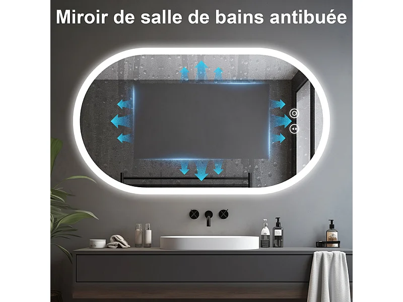Badkamerspiegel met LED-verlichting 70x50cm, explosiebestendig anticondensglas, ovale wandspiegel met aanraakschakelaar, 3 kleuren, 6500k