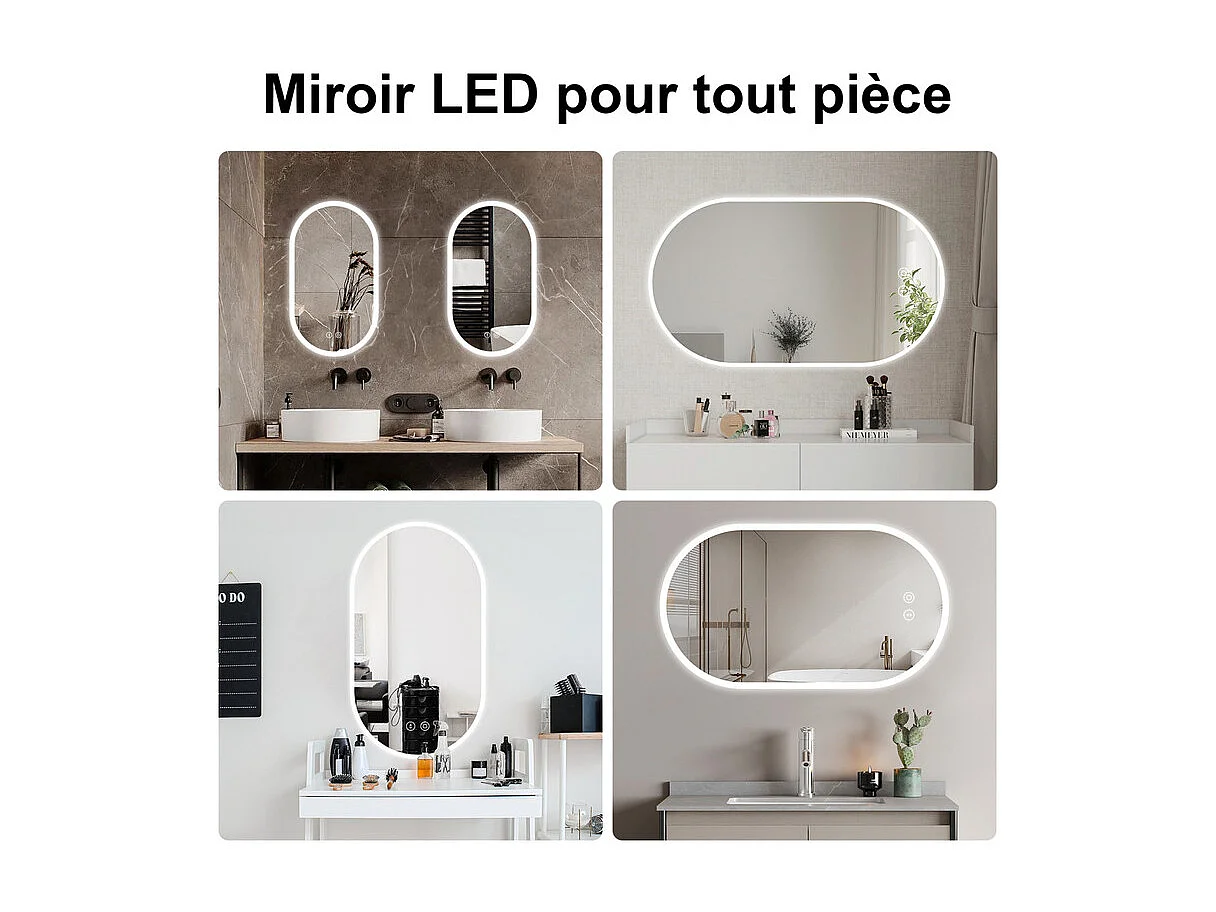 Badkamerspiegel met LED-verlichting 70x50cm, explosiebestendig anticondensglas, ovale wandspiegel met aanraakschakelaar, 3 kleuren, 6500k