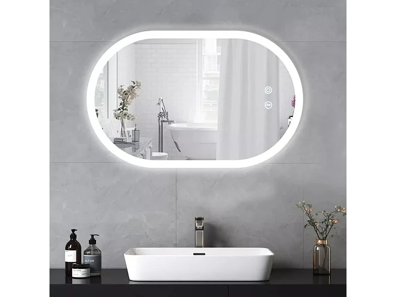 Badkamerspiegel met LED-verlichting 70x50cm, explosiebestendig anticondensglas, ovale wandspiegel met aanraakschakelaar, 3 kleuren, 6500k