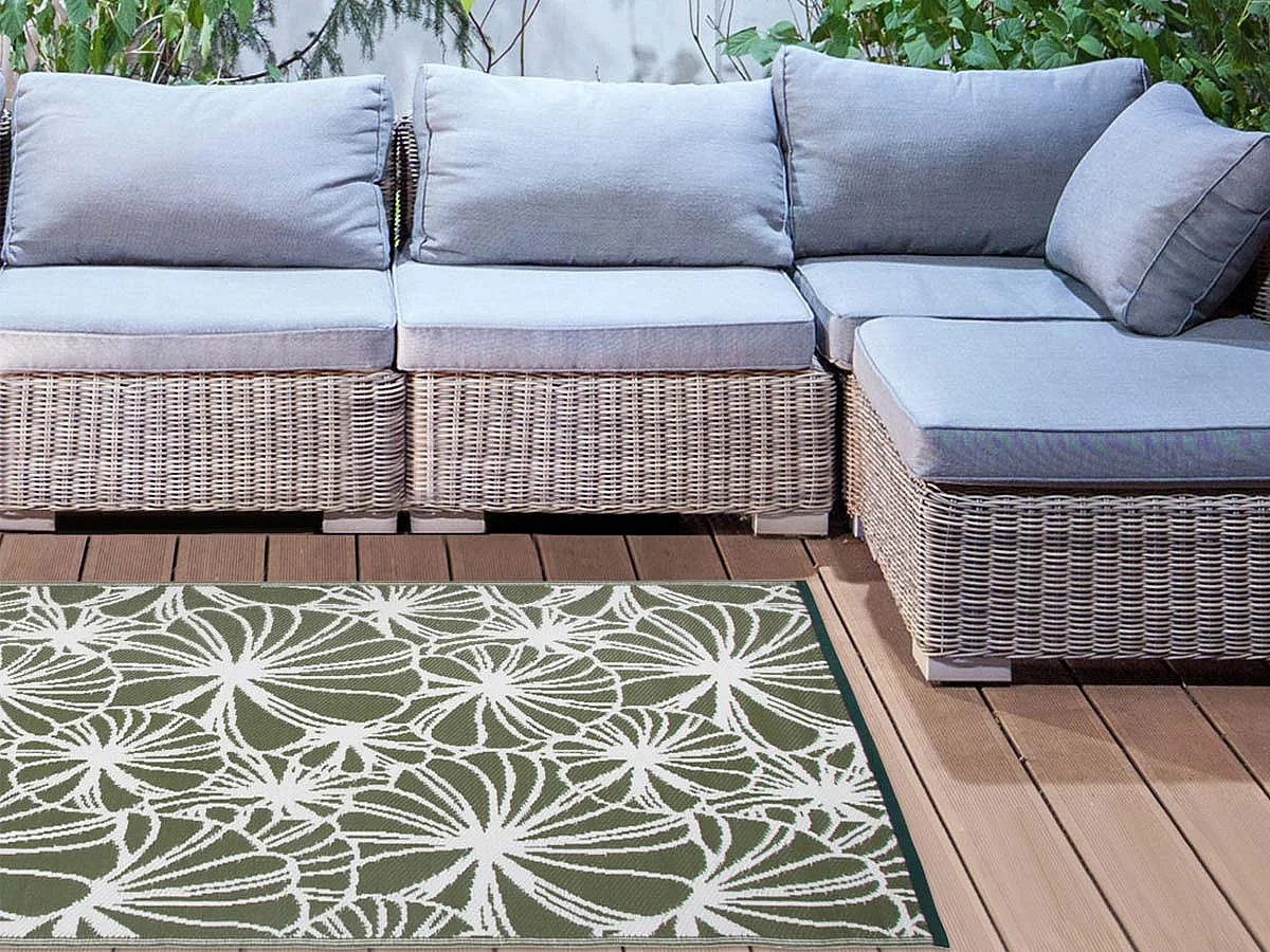 Tapis d'extérieur motif floral vert/blanc réversible - 241 x 151 cm