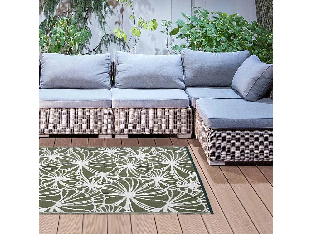 Tapis d'extérieur motif floral vert/blanc réversible - 241 x 151 cm