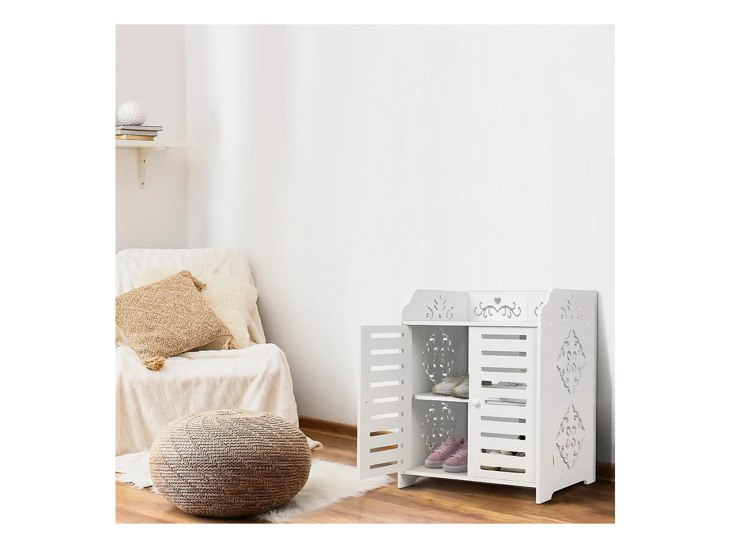 Gabinete de zapato 3 estantes, gabinete de zapato de entrada de 2 puertas, diseño de patrones de corte, 40x31x53cm, blanco