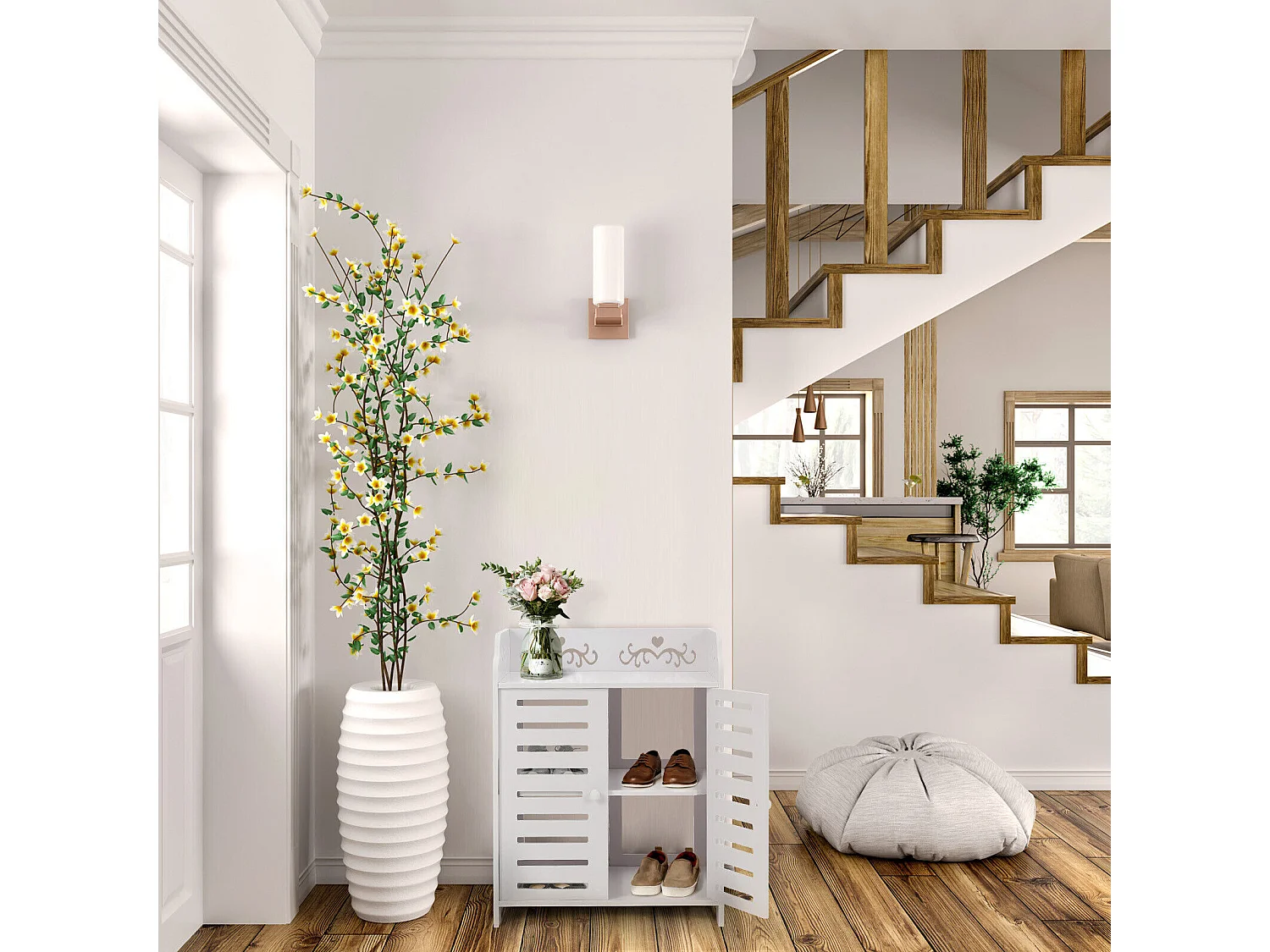 Meuble à Chaussures 3 Étagères,Armoire à chaussures d'entrée 2 portes,Conception de motif découpé,40x31x53cm,Blanc