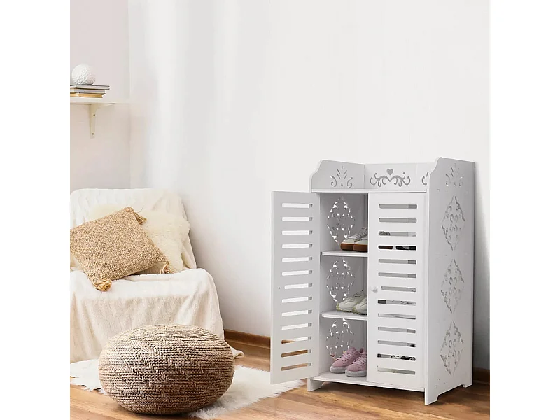 Schoenenkast met 3 planken, schoenenkast met 2 deuren, ontwerp met uitgesneden patroon, 40x31x53cm, wit