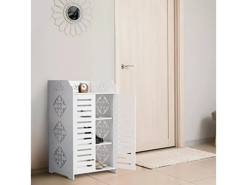 Schoenenkast met 3 planken, schoenenkast met 2 deuren, ontwerp met uitgesneden patroon, 40x31x53cm, wit