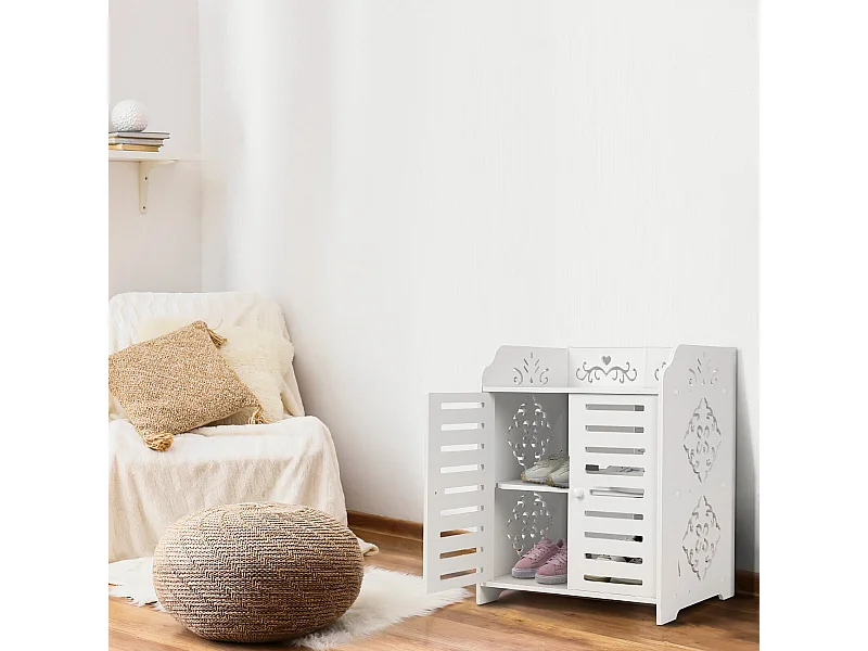 Armadio per scarpe 3 ripiani, armadio per scarpe d'ingresso a 2 casse, design del motivo a taglio, 40x31x53cm, bianco