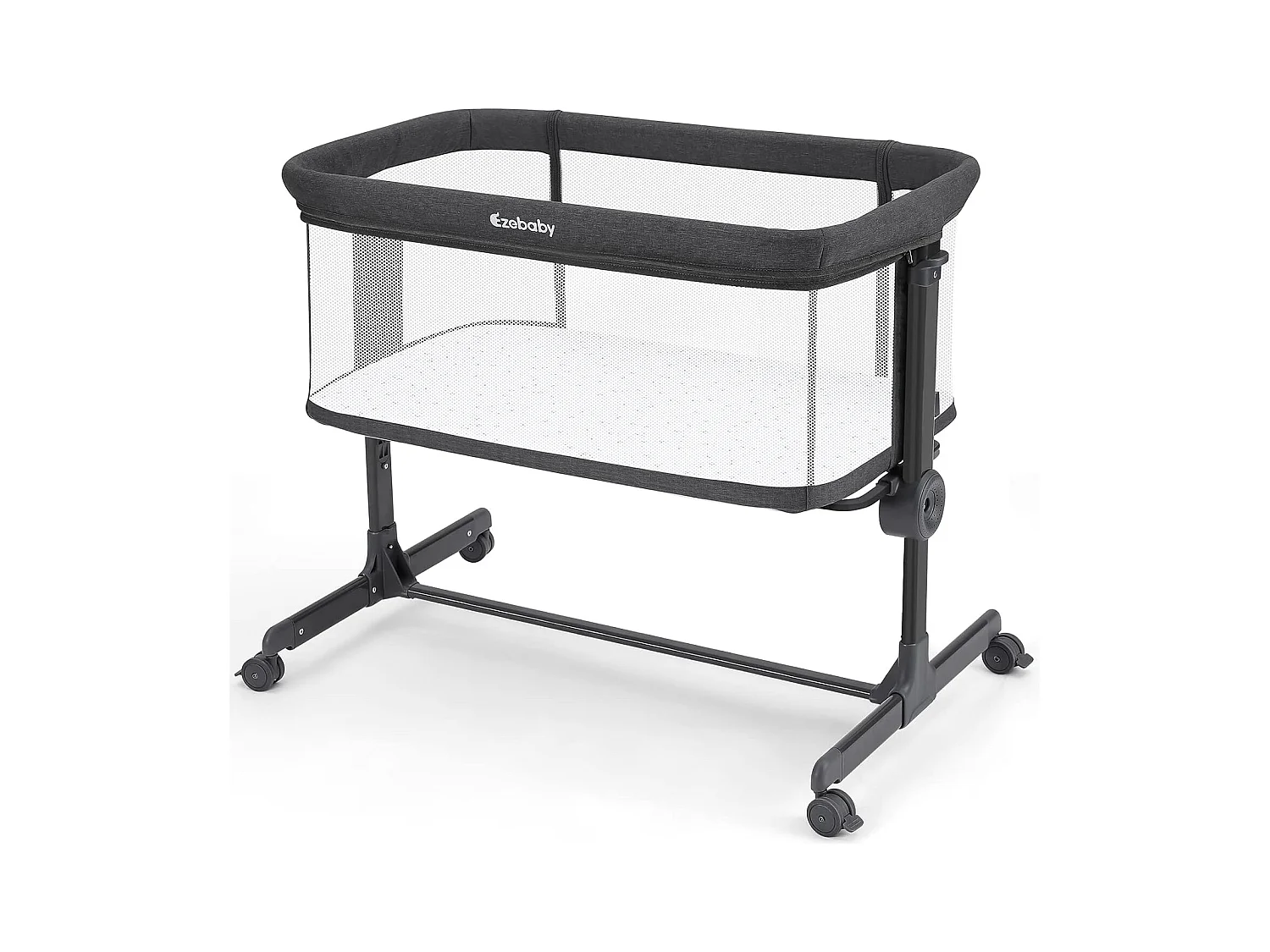 Ezebaby Lit Bébé Cododo 2 en 1,Lit Parapluie à 9 kg,Hauteur Réglable 7 Niveaux,Berceau Bébé avec Matelas,Côté Repliable,Maille Respirante - Gris Foncé