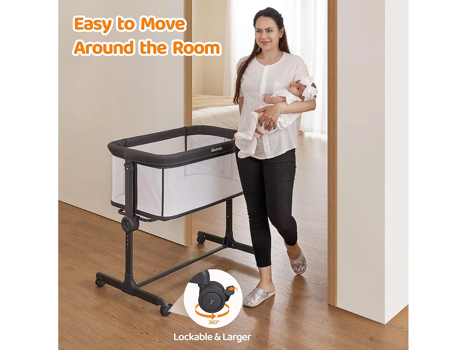 Ezebaby Lit Bébé Cododo 2 en 1,Lit Parapluie à 9 kg,Hauteur Réglable 7 Niveaux,Berceau Bébé avec Matelas,Côté Repliable,Maille Respirante - Gris Foncé