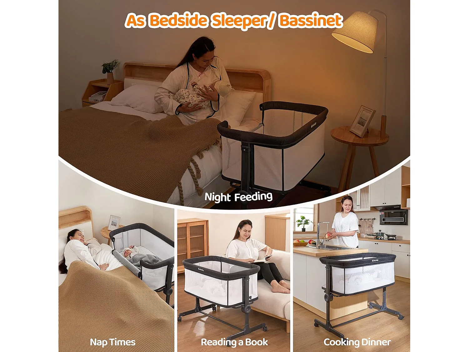 Ezebaby Lit Bébé Cododo 2 en 1,Lit Parapluie à 9 kg,Hauteur Réglable 7 Niveaux,Berceau Bébé avec Matelas,Côté Repliable,Maille Respirante - Gris Foncé