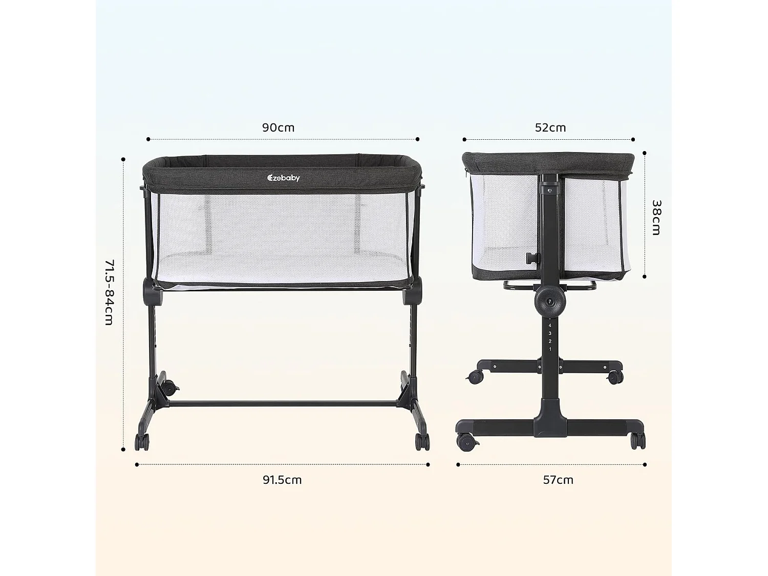Ezebaby Lit Bébé Cododo 2 en 1,Lit Parapluie à 9 kg,Hauteur Réglable 7 Niveaux,Berceau Bébé avec Matelas,Côté Repliable,Maille Respirante - Gris Foncé