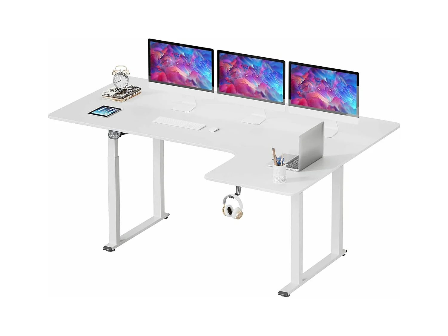 Elektrisch in hoogte verstelbaar zit-sta bureau, L-vormig bureau met 2 motoren, hoekbureau, paneel, superstabiliteit, 180x110x72-117cm, modern, wit