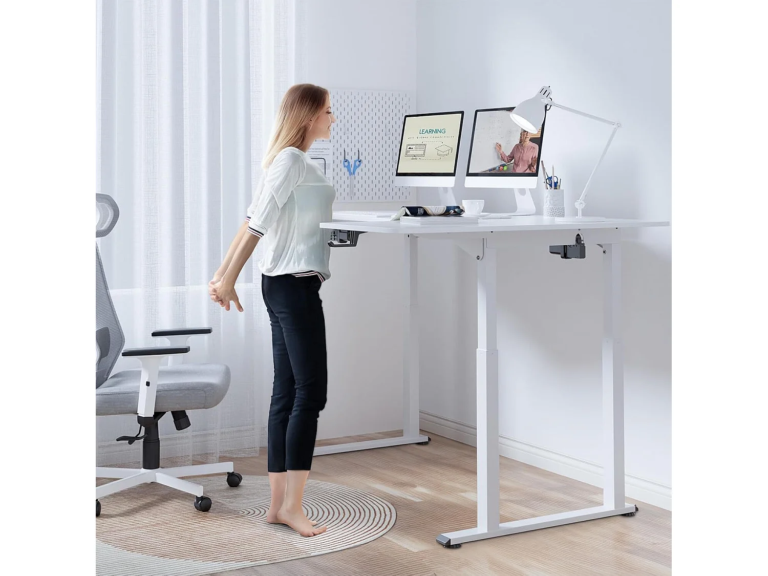 Bureau Assis Debout électrique réglable en hauteur,Bureau en L à 2 moteurs,Bureau d’angle,Panneau,Super stabilité,180x110x72-117cm,Moderne,Blanc