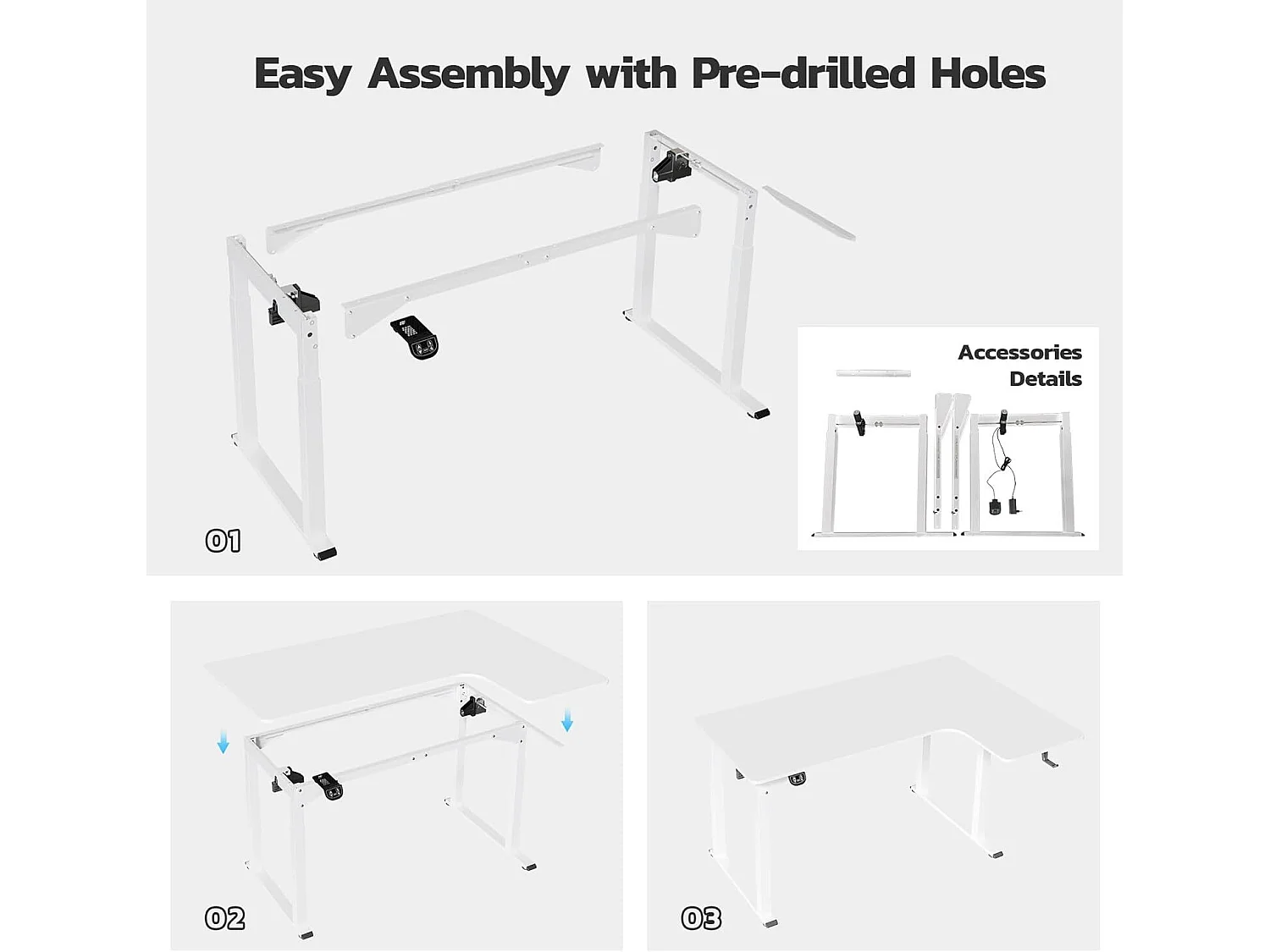Bureau Assis Debout électrique réglable en hauteur,Bureau en L à 2 moteurs,Bureau d’angle,Panneau,Super stabilité,180x110x72-117cm,Moderne,Blanc