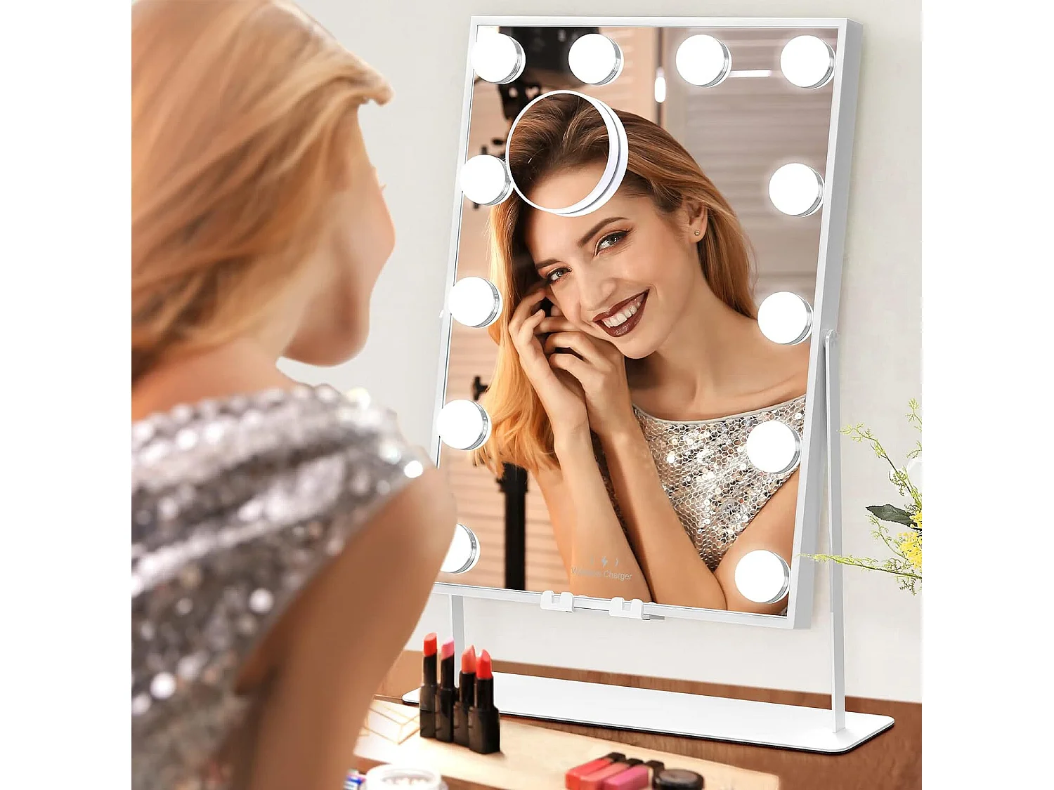 Miroir de maquillage intelligent Avec Bluetooth et miroir LED rechargeable sans fil 12 ampoules LED dimmables blanc 30cm x 41cm