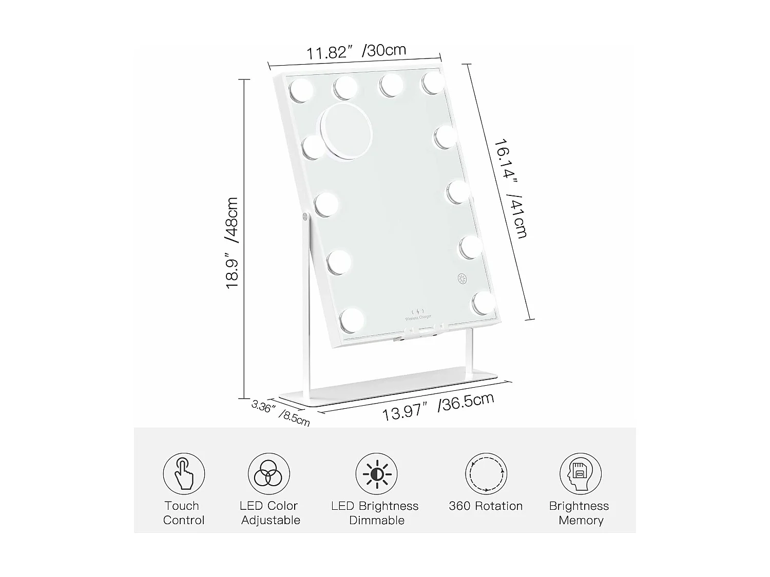Miroir de maquillage intelligent Avec Bluetooth et miroir LED rechargeable sans fil 12 ampoules LED dimmables blanc 30cm x 41cm