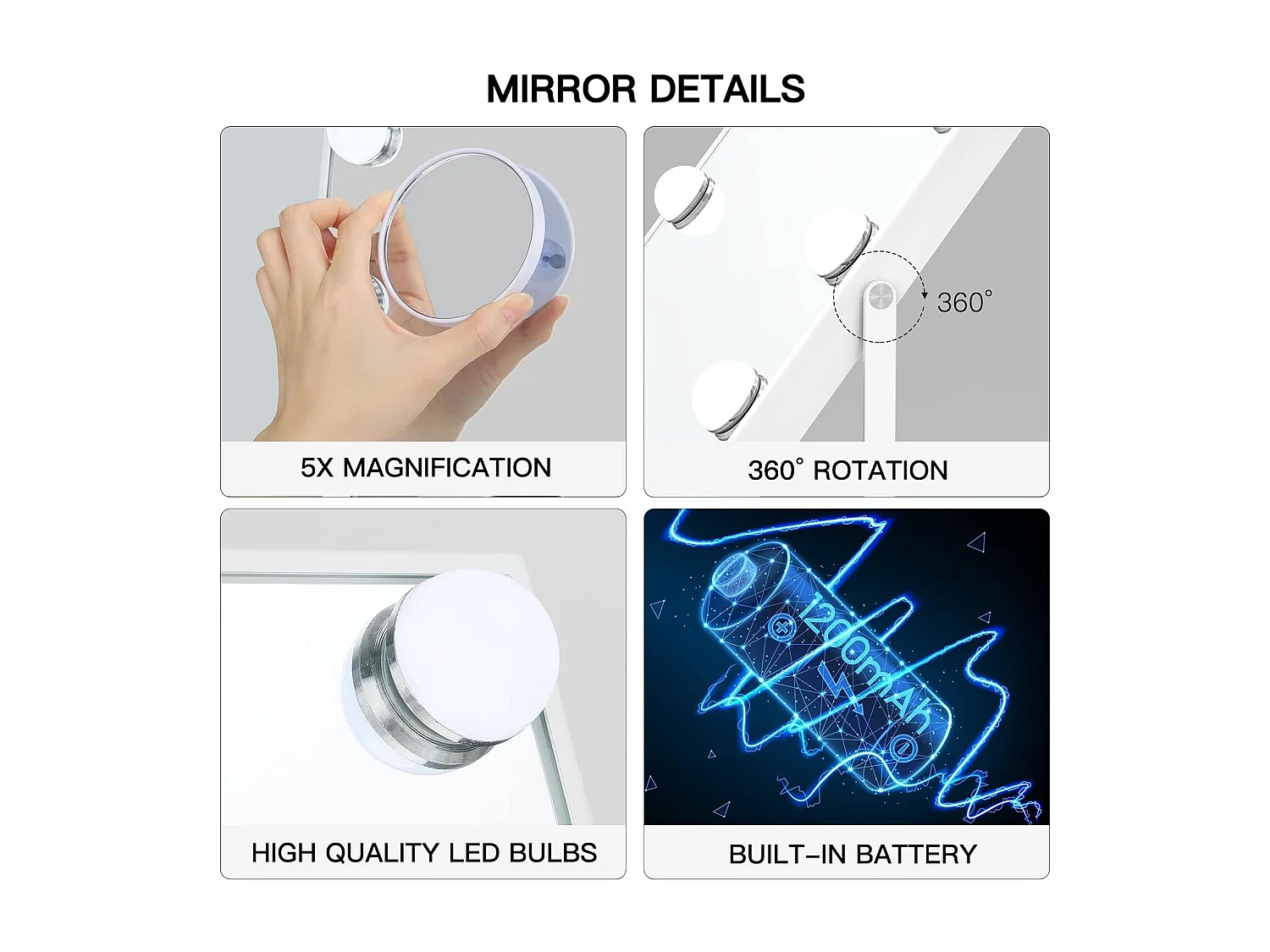 Slimme make-upspiegel Met Bluetooth en draadloos oplaadbare LED-spiegel 12 dimbare LED-lampen wit 30cm x 41cm