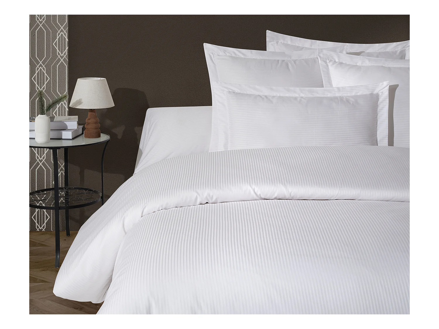 Housse de couette + taie(s) oreiller satin de coton rayé blanc