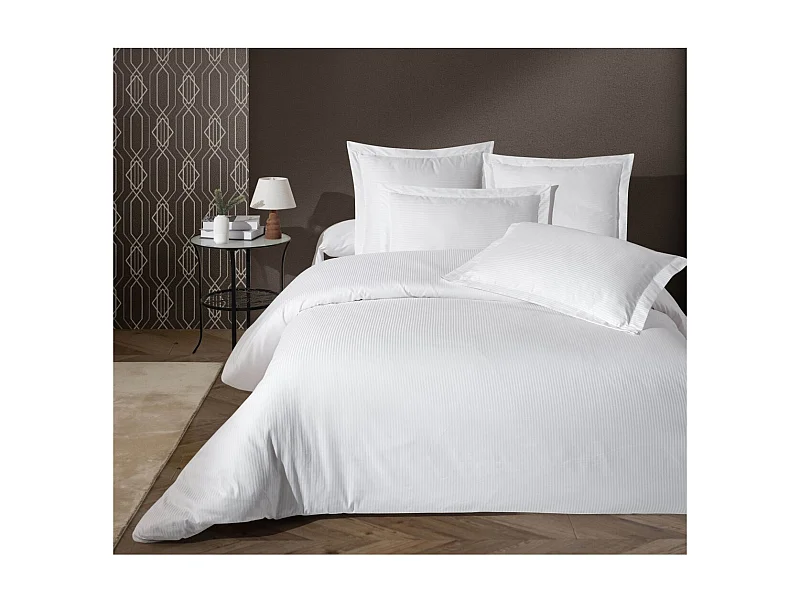 Housse de couette + taie(s) oreiller satin de coton rayé blanc