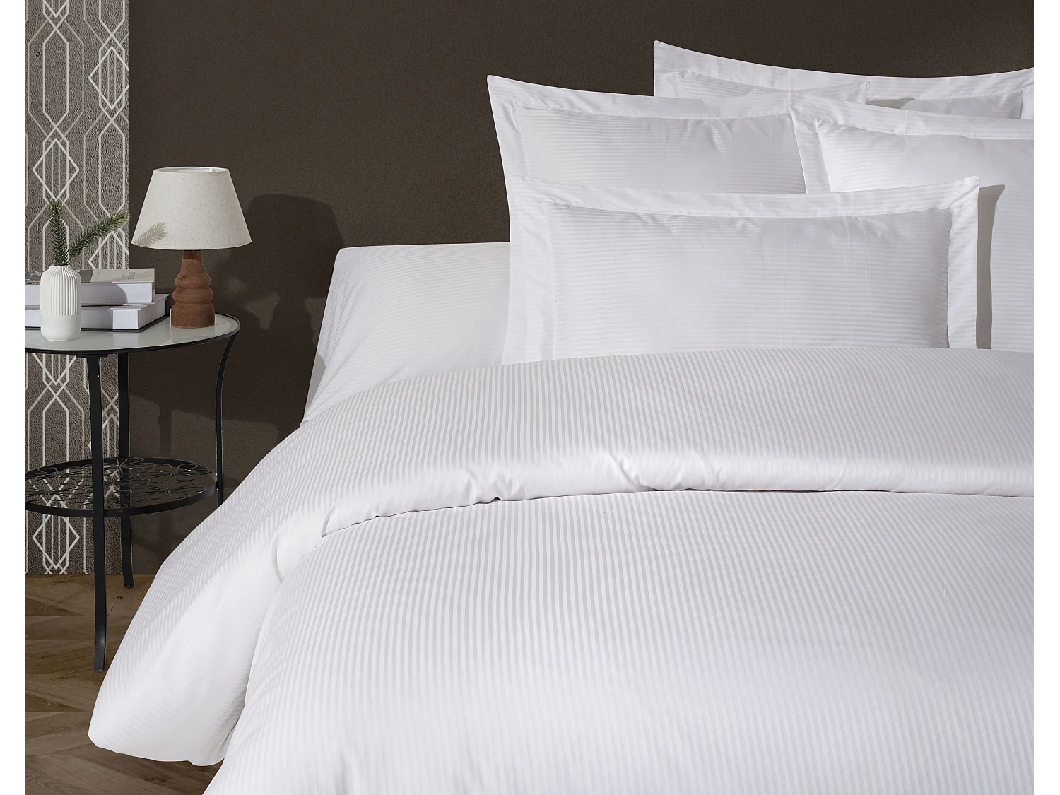 Housse de couette + taie(s) oreiller satin de coton rayé blanc