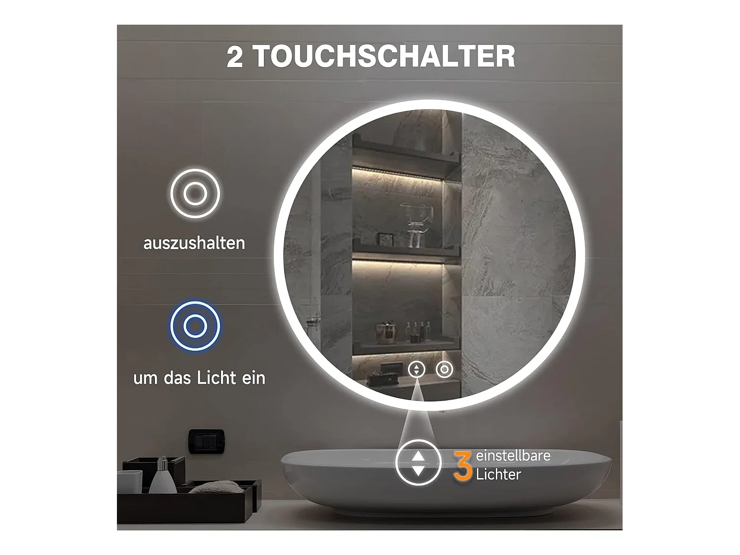Badezimmerspiegel mit 60 x 60 cm LED-Beleuchtung, Antideflagrantglas-Anti-Fog, runder Wandspiegel-Taktilschalter, kalter Weiß 6400K