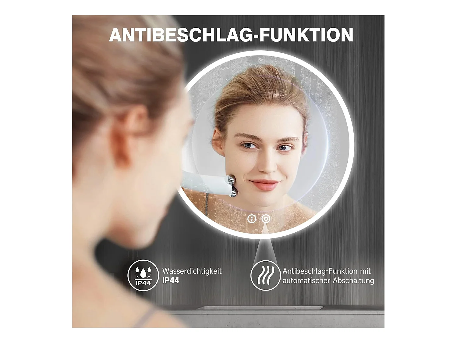 Badezimmerspiegel mit 60 x 60 cm LED-Beleuchtung, Antideflagrantglas-Anti-Fog, runder Wandspiegel-Taktilschalter, kalter Weiß 6400K