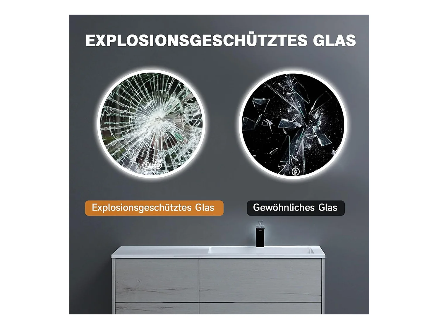 Badezimmerspiegel mit 60 x 60 cm LED-Beleuchtung, Antideflagrantglas-Anti-Fog, runder Wandspiegel-Taktilschalter, kalter Weiß 6400K