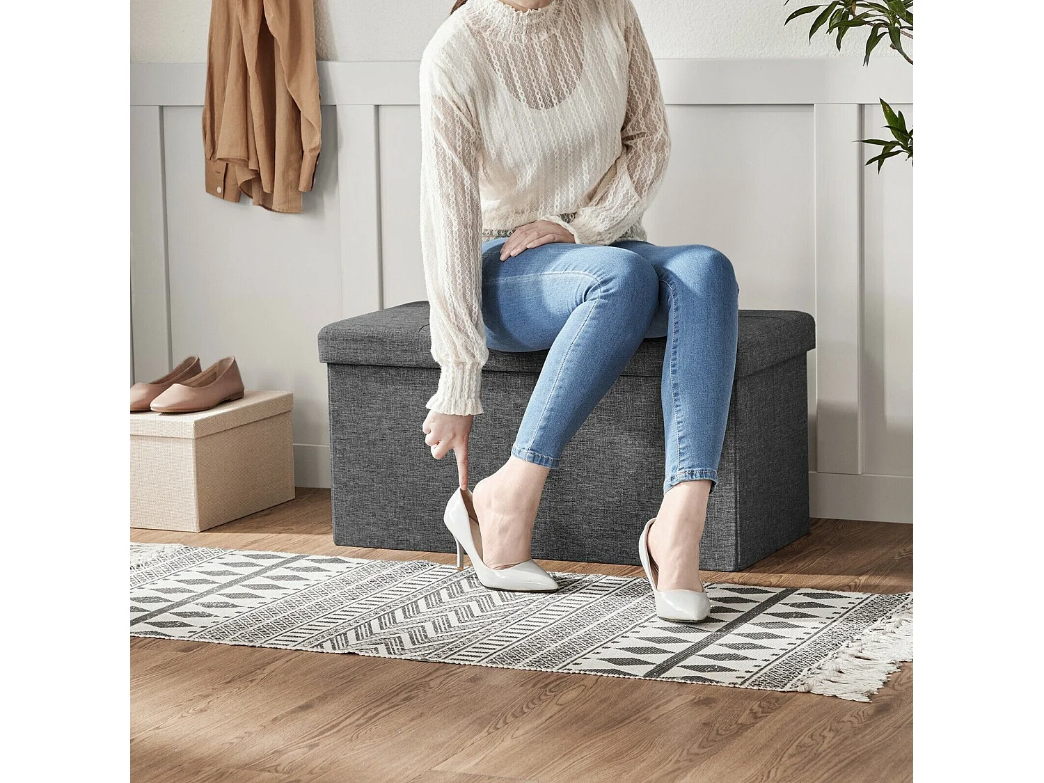 Banc Tabouret Boîte de Rangement Polyester Commode Pliable - 76x38x38cm - Gris foncé