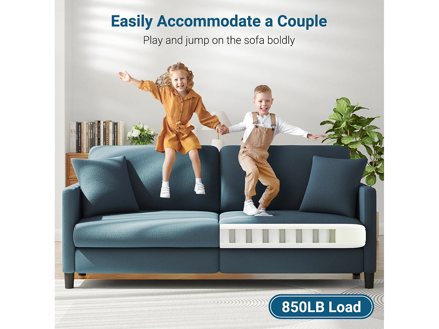 Canapé 3 Places en Velours Teddy,Canapé Droit Confort en Bois Massif,Loveseat avec Accoudoirs,193x79x89cm,Bleu-Gris