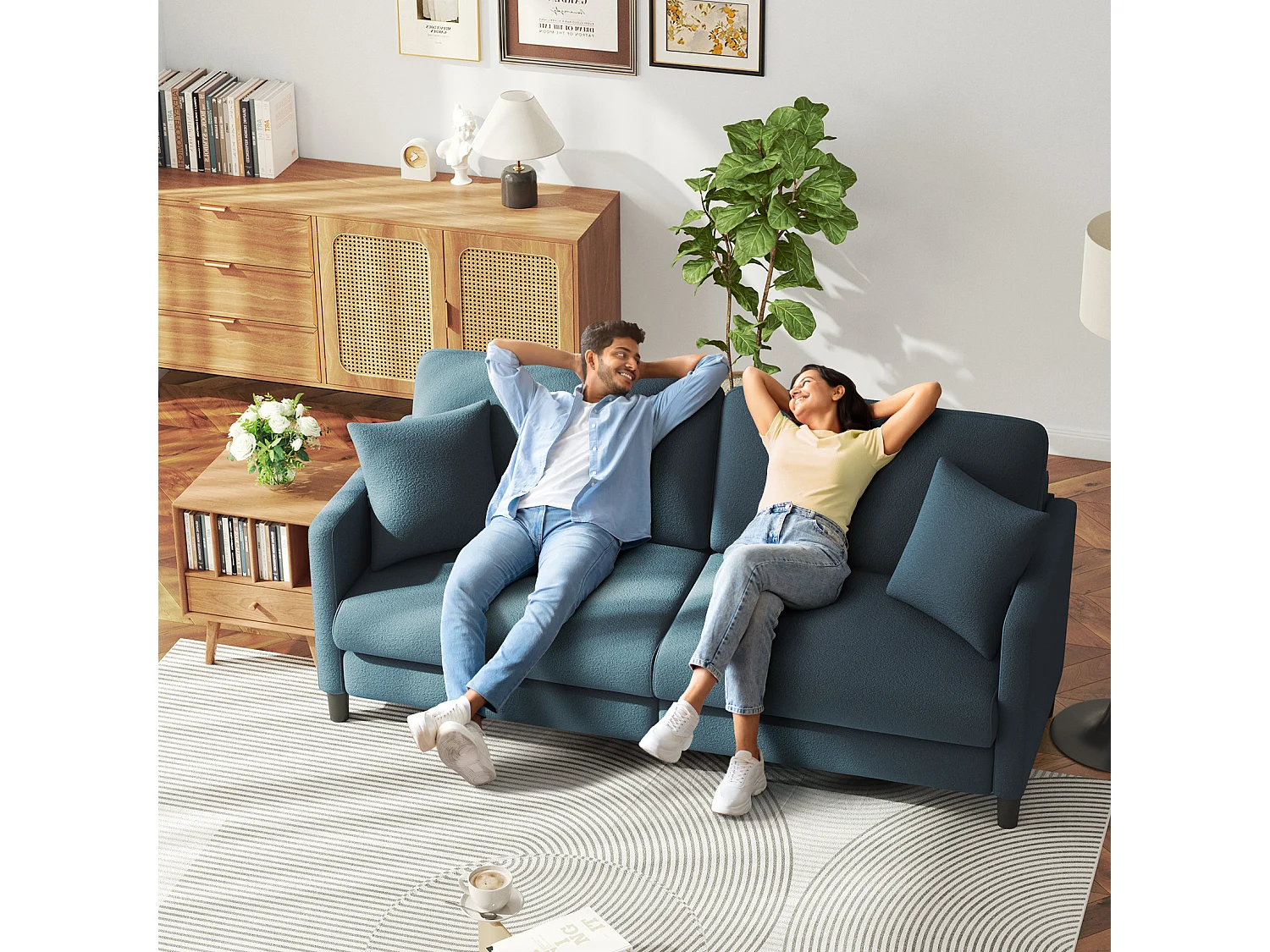 Canapé 3 Places en Velours Teddy,Canapé Droit Confort en Bois Massif,Loveseat avec Accoudoirs,193x79x89cm,Bleu-Gris