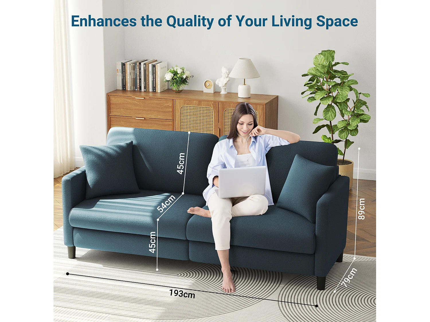 Canapé 3 Places en Velours Teddy,Canapé Droit Confort en Bois Massif,Loveseat avec Accoudoirs,193x79x89cm,Bleu-Gris
