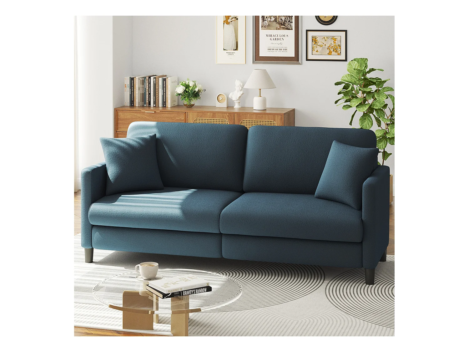 3-Sitzer-Sofa in Teddy Velvet, rechter Komfortsofa in Massivholz, Liebesseat mit Armlehnen, 193x79x89cm, Blau-Grau
