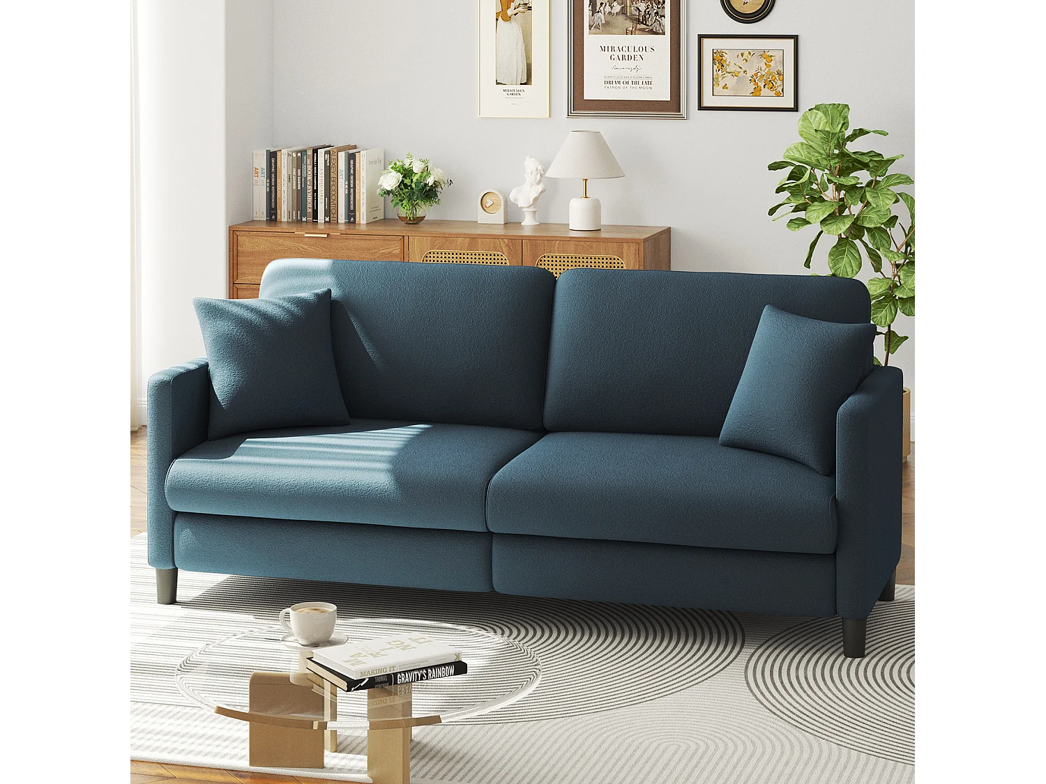 Canapé 3 Places en Velours Teddy,Canapé Droit Confort en Bois Massif,Loveseat avec Accoudoirs,193x79x89cm,Bleu-Gris