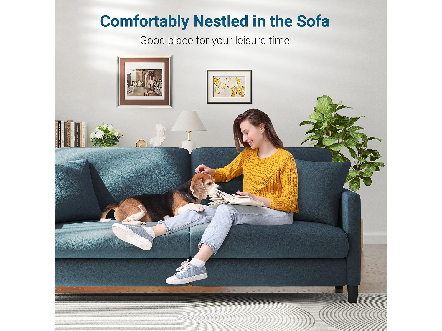 Canapé 3 Places en Velours Teddy,Canapé Droit Confort en Bois Massif,Loveseat avec Accoudoirs,193x79x89cm,Bleu-Gris