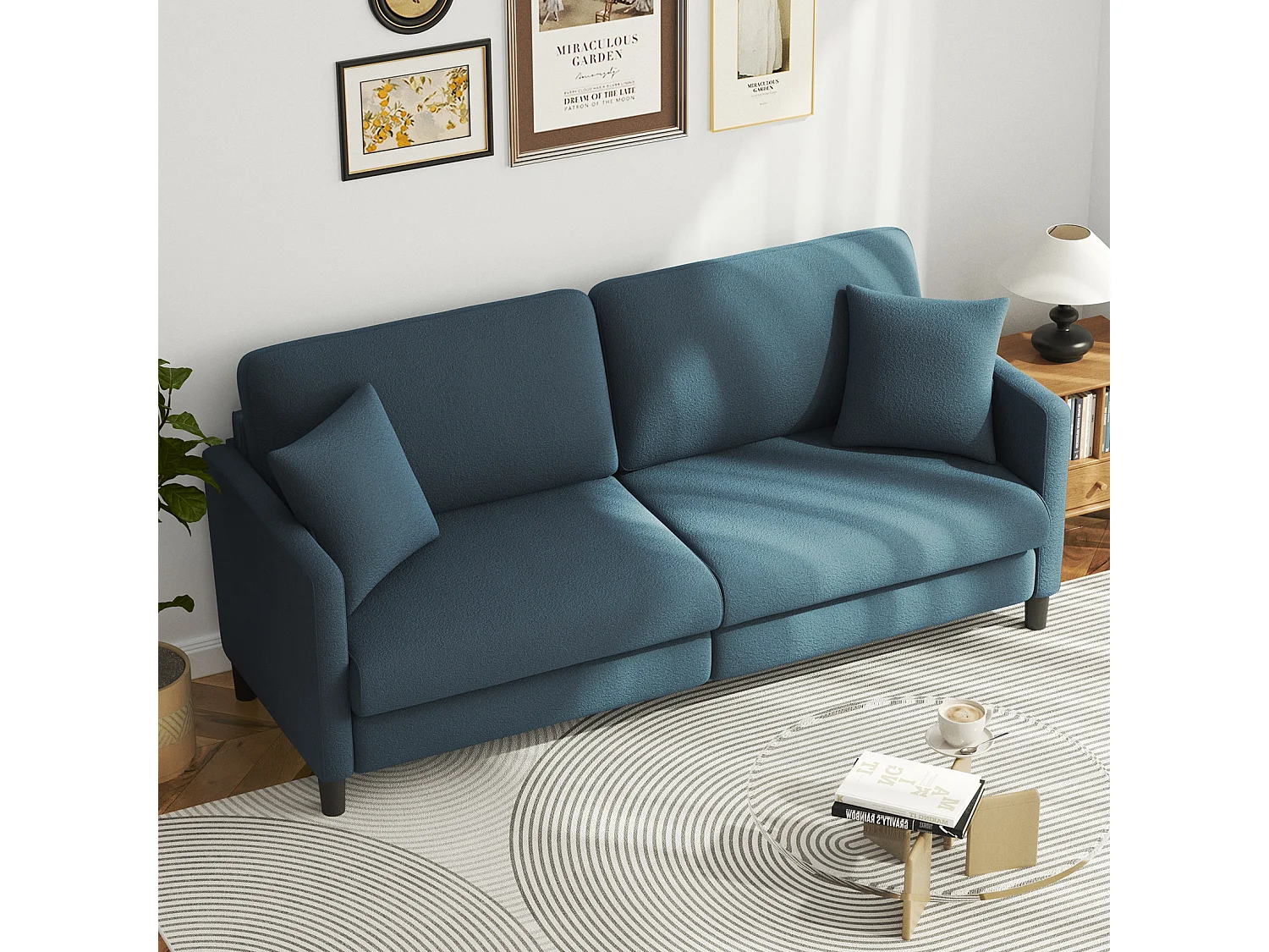 Canapé 3 Places en Velours Teddy,Canapé Droit Confort en Bois Massif,Loveseat avec Accoudoirs,193x79x89cm,Bleu-Gris