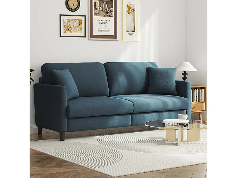 Canapé 3 Places en Velours Teddy,Canapé Droit Confort en Bois Massif,Loveseat avec Accoudoirs,193x79x89cm,Bleu-Gris