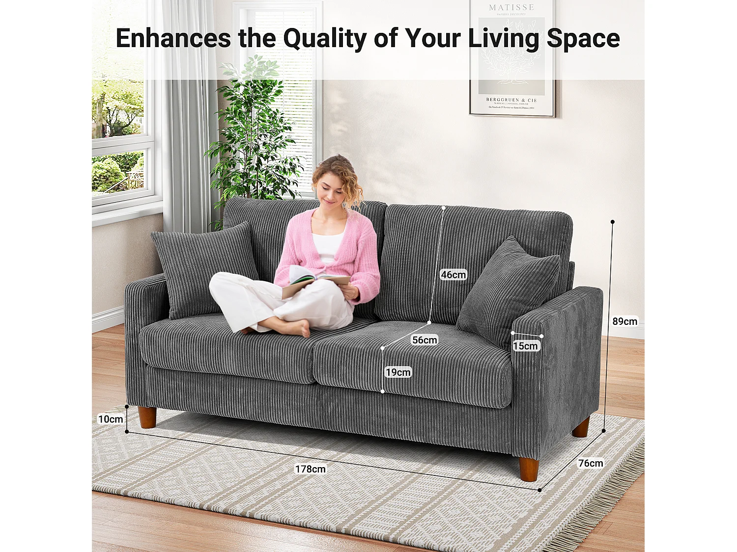 - Divano in velluto a coste a costine da 2, grande divano destro imbottito moderno con sedili extra profondi da 56 cm - 2 cuscini - 178x76x89cm - grigio