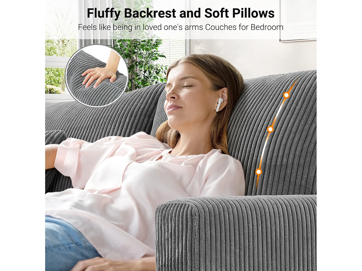 2-zitsbank van corduroy, moderne grote gestoffeerde rechte bank met extra diepe zitplaatsen van 56 cm - 2 kussens - 178x76x89cm - grijs