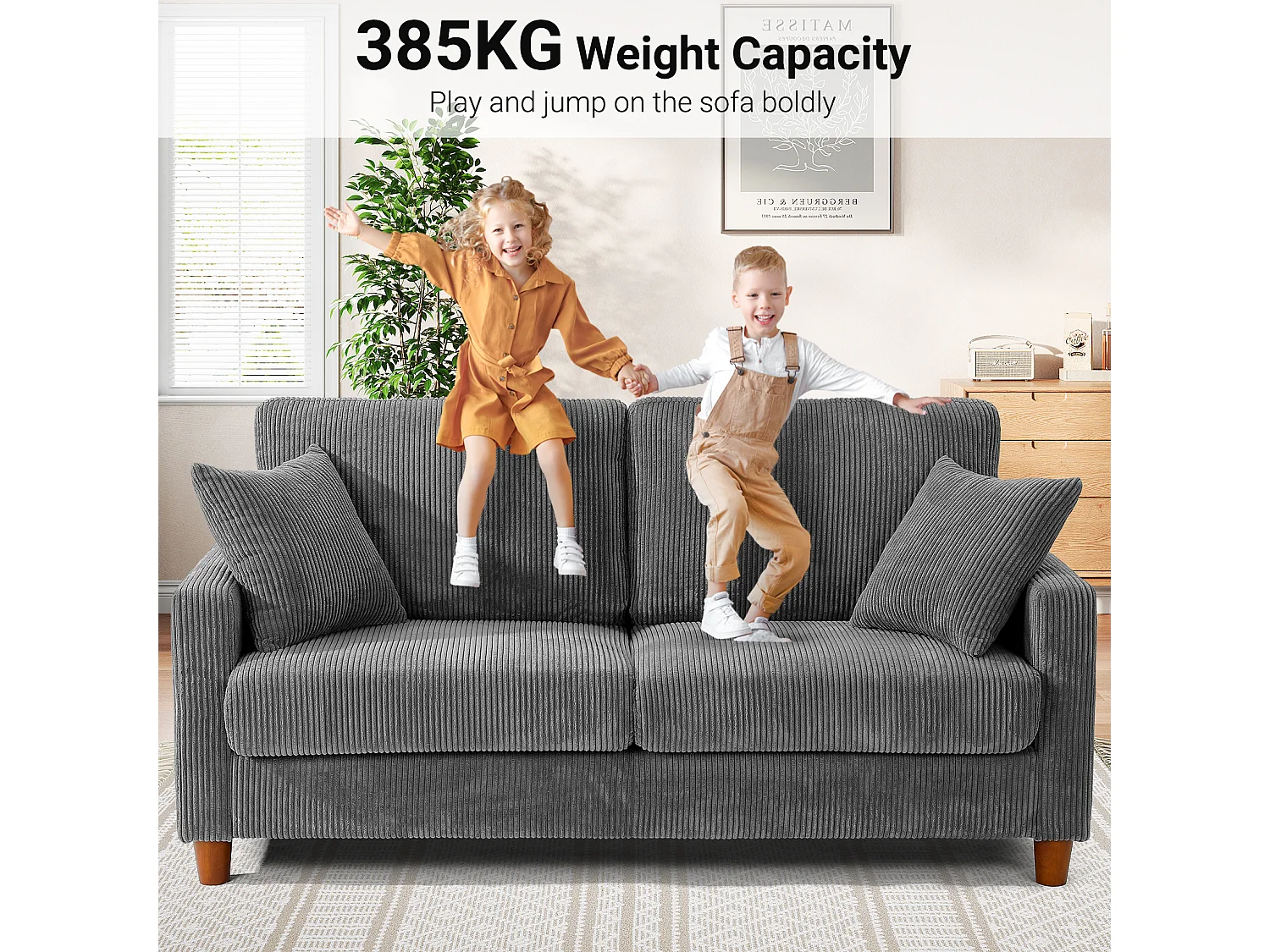 2-zitsbank van corduroy, moderne grote gestoffeerde rechte bank met extra diepe zitplaatsen van 56 cm - 2 kussens - 178x76x89cm - grijs