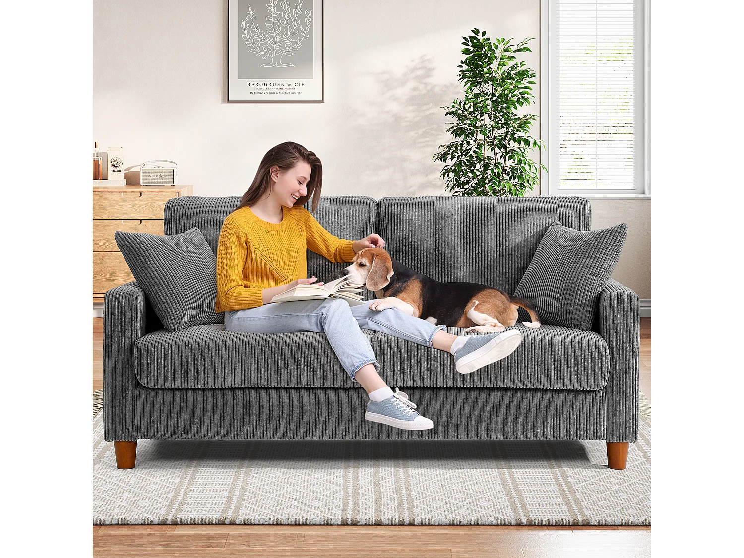 2-zitsbank van corduroy, moderne grote gestoffeerde rechte bank met extra diepe zitplaatsen van 56 cm - 2 kussens - 178x76x89cm - grijs