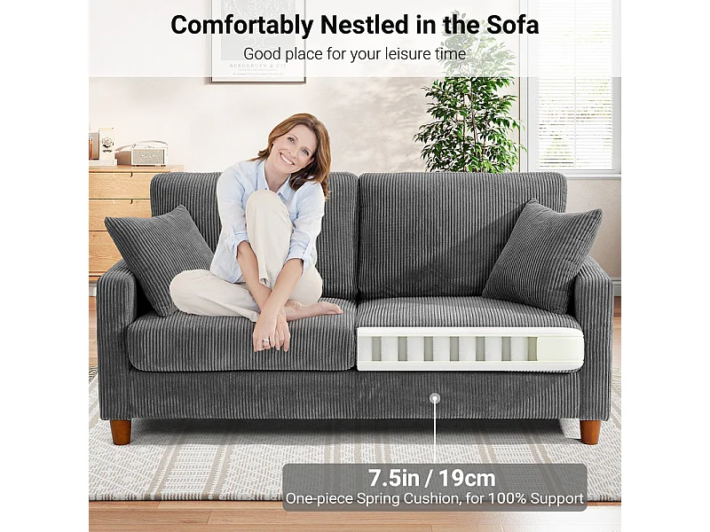 Sofá de veludo cotelê de 2 lugares, Sofá estofado moderno reto grande com assentos extra profundos 56cm - 2 almofadas - 178x76x89cm - Cinzento