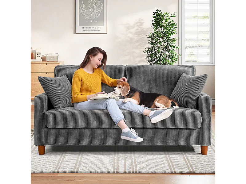 Sofá de veludo cotelê de 2 lugares, Sofá estofado moderno reto grande com assentos extra profundos 56cm - 2 almofadas - 178x76x89cm - Cinzento