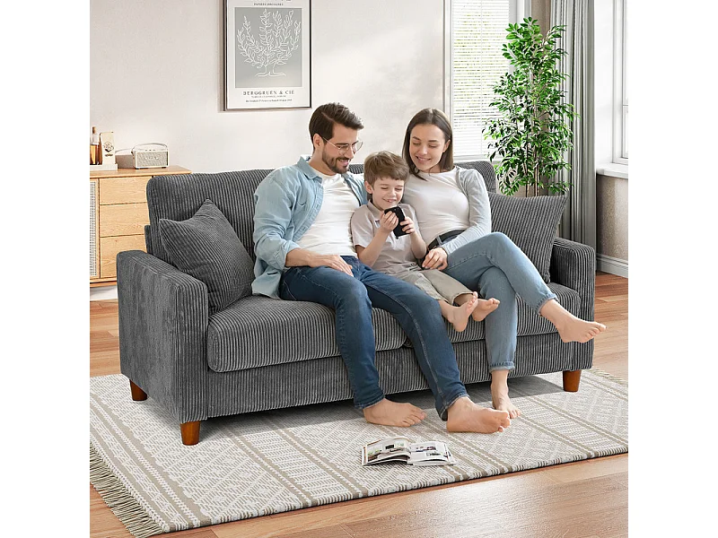 Sofá de veludo cotelê de 2 lugares, Sofá estofado moderno reto grande com assentos extra profundos 56cm - 2 almofadas - 178x76x89cm - Cinzento