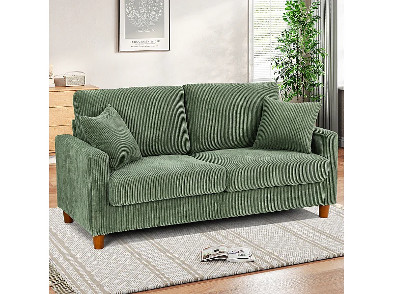 2-zitsbank van corduroy, moderne grote gestoffeerde rechte bank met extra diepe zitplaatsen van 56 cm - 2 kussens - 178x76x89cm - groen
