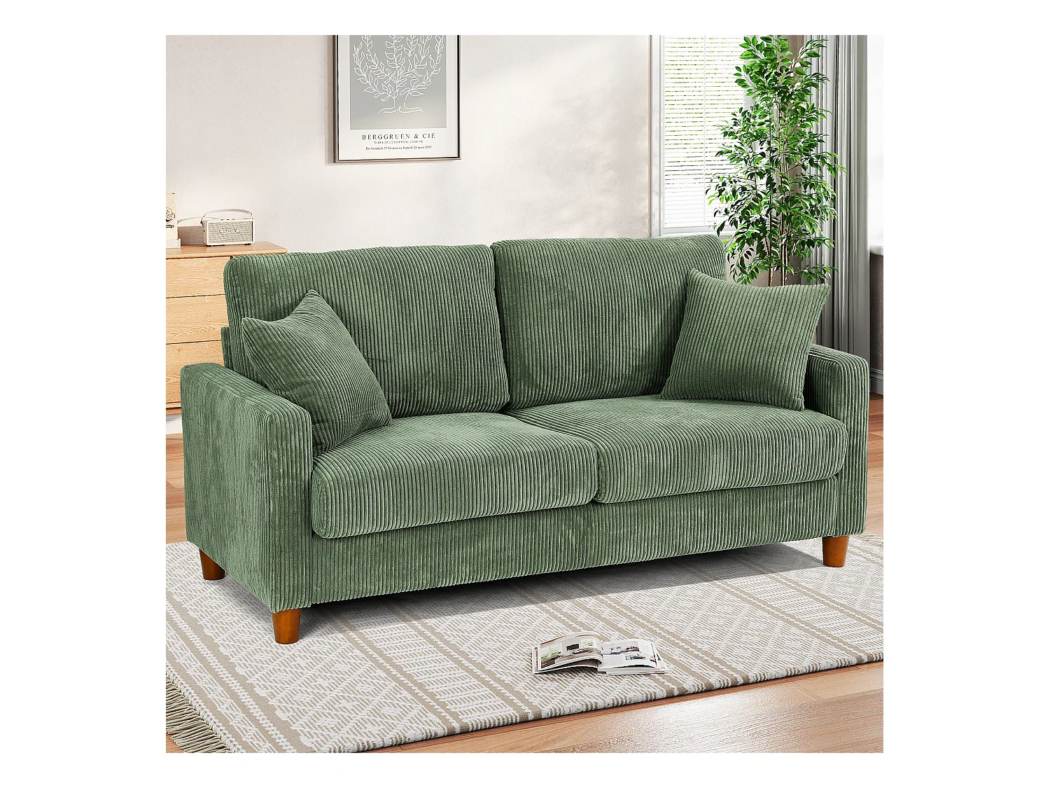 2 -seerer Velvet -Sofa mit 2 Kissen, 56 cm tiefe Sitze, 178x76x89cm, grün