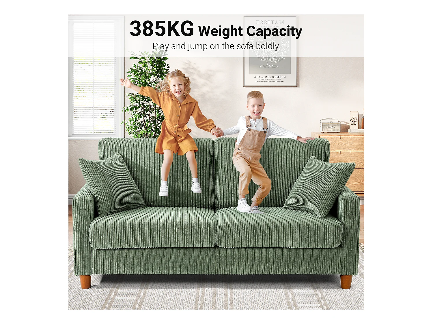 2-zitsbank van corduroy, moderne grote gestoffeerde rechte bank met extra diepe zitplaatsen van 56 cm - 2 kussens - 178x76x89cm - groen