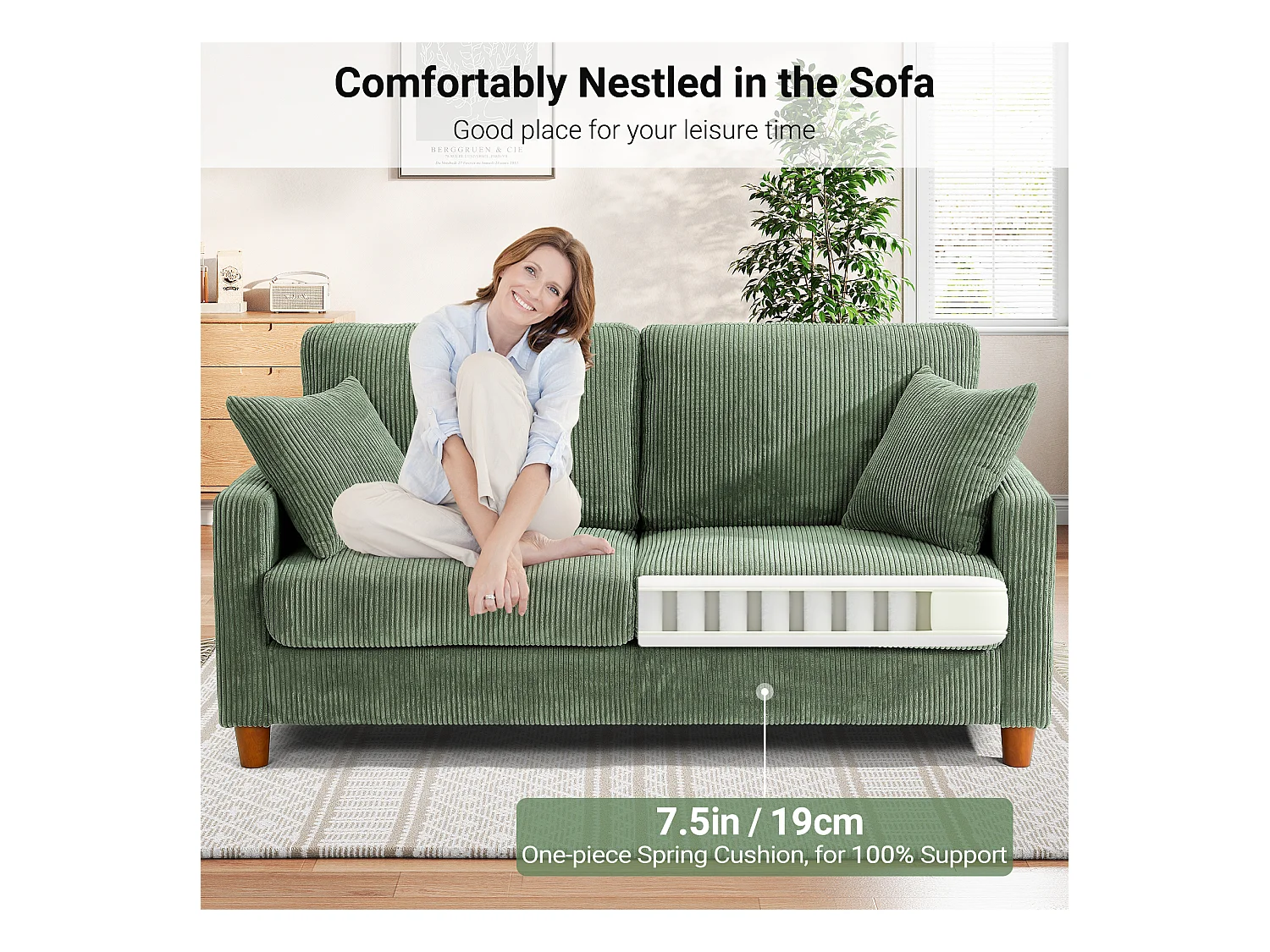 2-zitsbank van corduroy, moderne grote gestoffeerde rechte bank met extra diepe zitplaatsen van 56 cm - 2 kussens - 178x76x89cm - groen