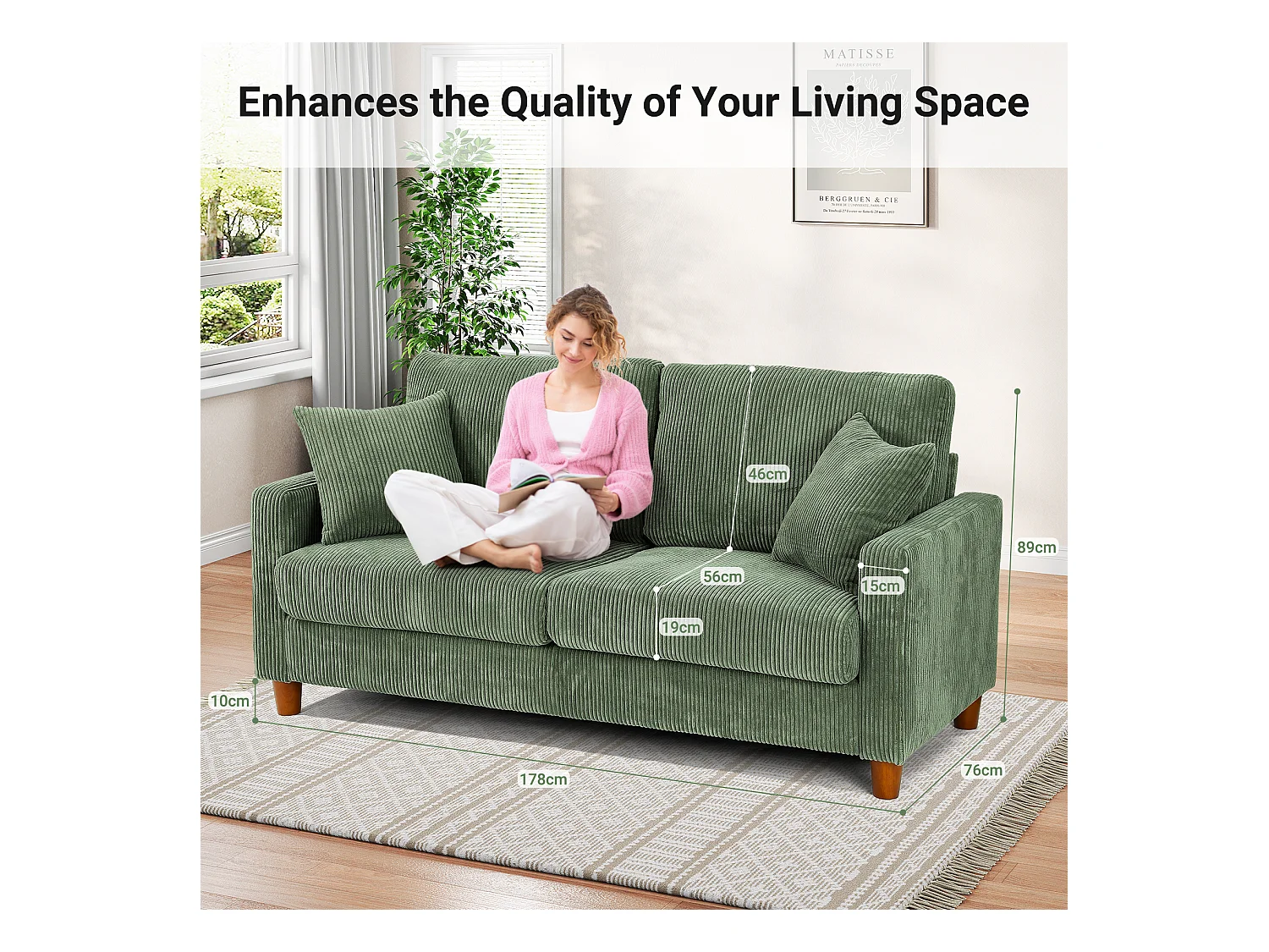 2-zitsbank van corduroy, moderne grote gestoffeerde rechte bank met extra diepe zitplaatsen van 56 cm - 2 kussens - 178x76x89cm - groen