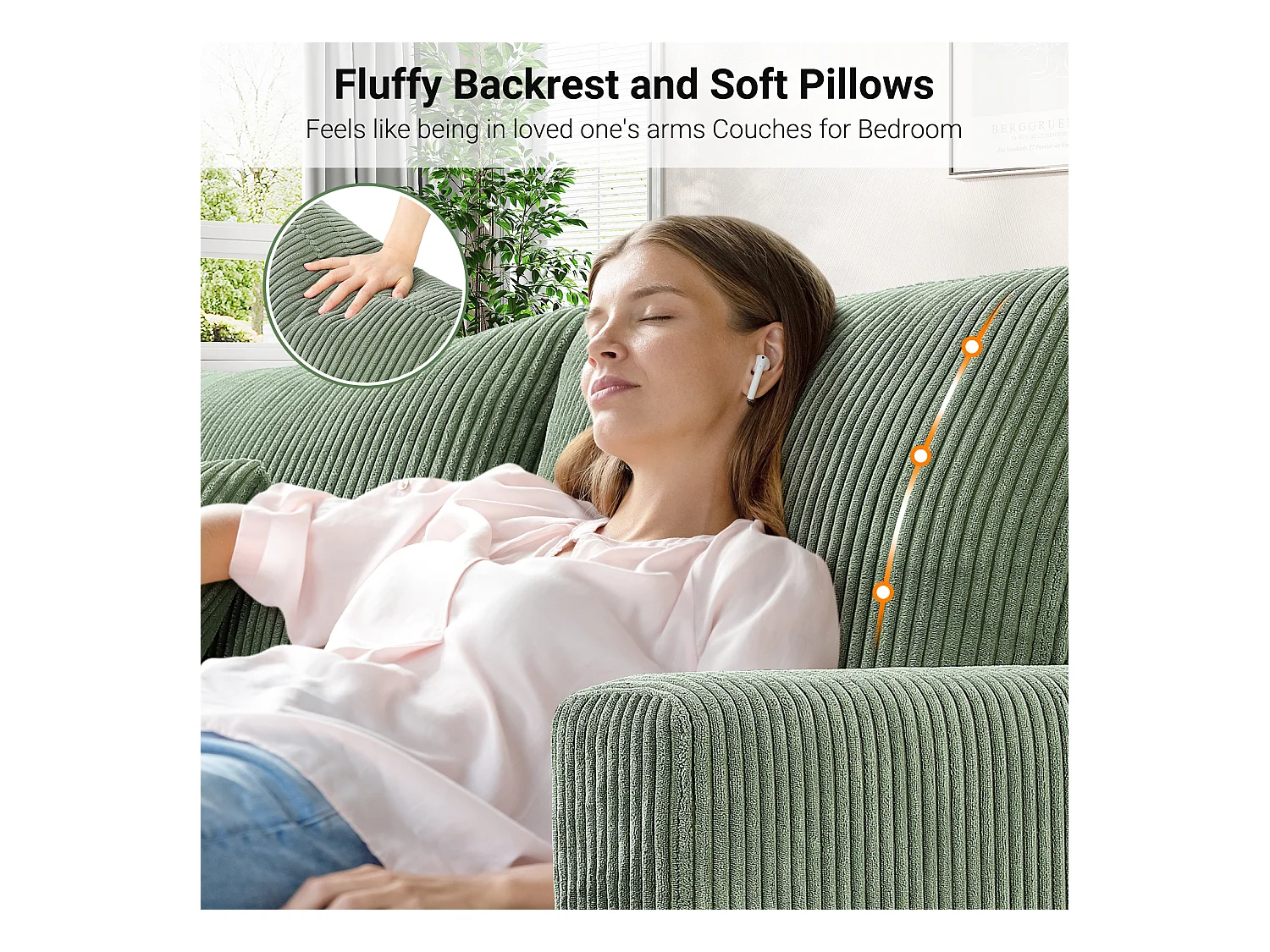 2-zitsbank van corduroy, moderne grote gestoffeerde rechte bank met extra diepe zitplaatsen van 56 cm - 2 kussens - 178x76x89cm - groen