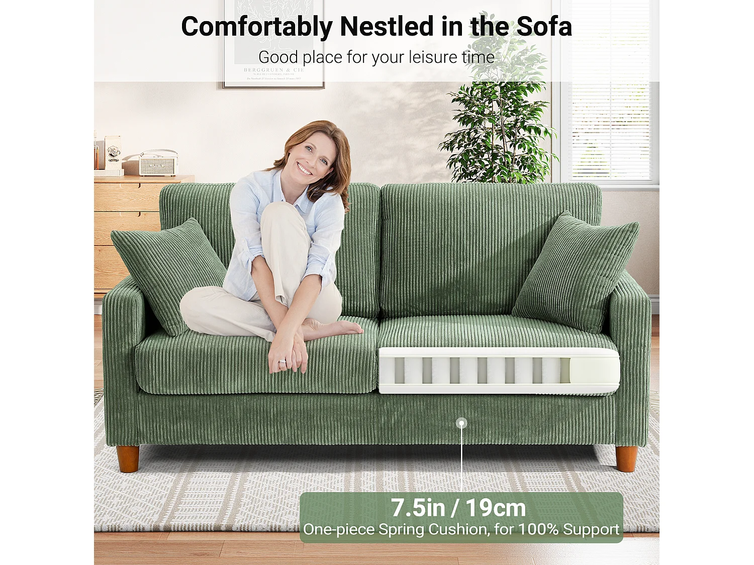 2-zitsbank van corduroy, moderne grote gestoffeerde rechte bank met extra diepe zitplaatsen van 56 cm - 2 kussens - 178x76x89cm - groen